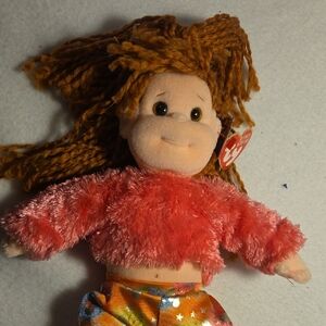 Ty Beanie Boppers Snazzy Sabrina Plush Doll Redish Brown Hair Pink Fuzzy Sweater
